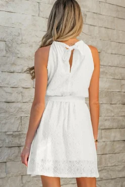 Online Dear-Lover Lace Sleeveless Knot Hollow Out Back Tied Waist Mini Dress White