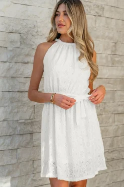 Online Dear-Lover Lace Sleeveless Knot Hollow Out Back Tied Waist Mini Dress White