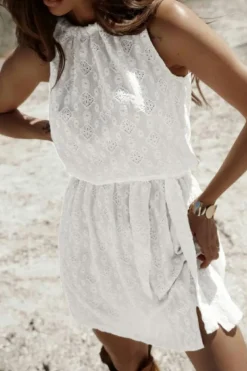 Online Dear-Lover Lace Sleeveless Knot Hollow Out Back Tied Waist Mini Dress White