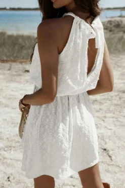 Online Dear-Lover Lace Sleeveless Knot Hollow Out Back Tied Waist Mini Dress White