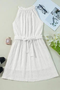 Online Dear-Lover Lace Sleeveless Knot Hollow Out Back Tied Waist Mini Dress White