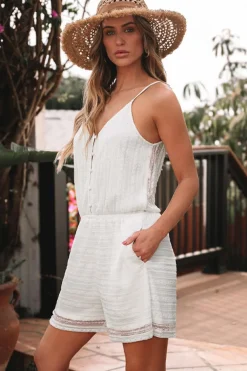 Clearance Dear-Lover Lace Spaghetti Strap V Neck Loose Fit Romper White