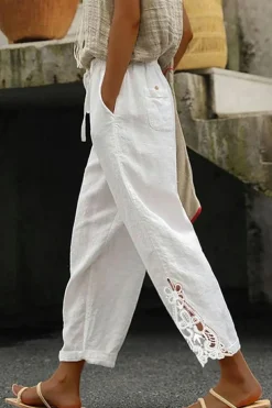Discount Dear-Lover Lace Splicing Drawstring Casual Cotton Pants White