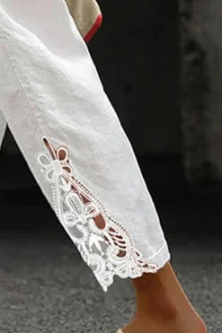 Discount Dear-Lover Lace Splicing Drawstring Casual Cotton Pants White