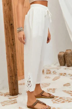 Discount Dear-Lover Lace Splicing Drawstring Casual Cotton Pants White