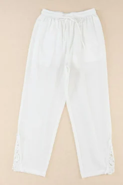Discount Dear-Lover Lace Splicing Drawstring Casual Cotton Pants White