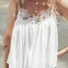 New Dear-Lover Lace Splicing Spaghetti Straps Ruffle Flared Tank Top White