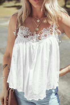 New Dear-Lover Lace Splicing Spaghetti Straps Ruffle Flared Tank Top White