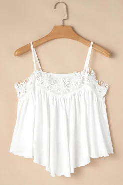 New Dear-Lover Lace Splicing Spaghetti Straps Ruffle Flared Tank Top White