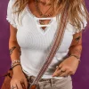 Best Dear-Lover Lace V Neckline Ribbed Slim Fit T Shirt White