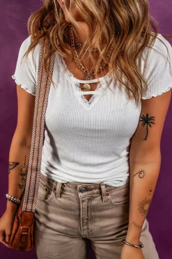 Best Dear-Lover Lace V Neckline Ribbed Slim Fit T Shirt White