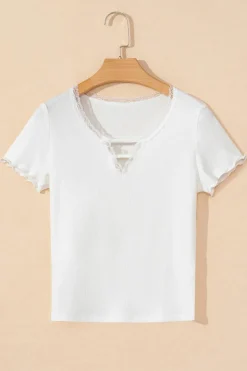 Best Dear-Lover Lace V Neckline Ribbed Slim Fit T Shirt White