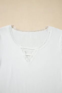Best Dear-Lover Lace V Neckline Ribbed Slim Fit T Shirt White