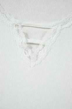 Best Dear-Lover Lace V Neckline Ribbed Slim Fit T Shirt White