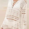 Outlet Dear-Lover Lace-up V Neck Hollow Out Knitted Long Sleeve Cover Up White