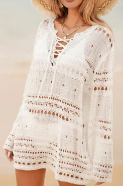 Outlet Dear-Lover Lace-up V Neck Hollow Out Knitted Long Sleeve Cover Up White