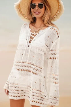 Outlet Dear-Lover Lace-up V Neck Hollow Out Knitted Long Sleeve Cover Up White