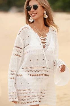 Outlet Dear-Lover Lace-up V Neck Hollow Out Knitted Long Sleeve Cover Up White