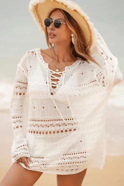 Outlet Dear-Lover Lace-up V Neck Hollow Out Knitted Long Sleeve Cover Up White