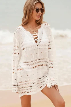 Outlet Dear-Lover Lace-up V Neck Hollow Out Knitted Long Sleeve Cover Up White