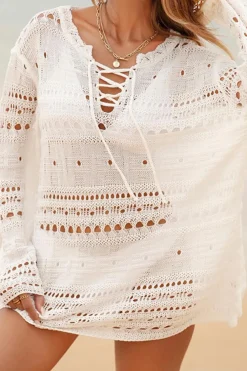 Outlet Dear-Lover Lace-up V Neck Hollow Out Knitted Long Sleeve Cover Up White