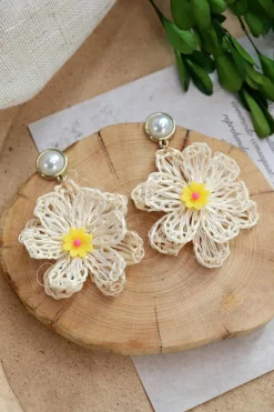 Sale Dear-Lover Large Flower Crochet Pearl Stud Earrings White