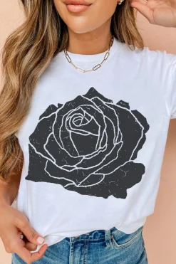 Fashion Dear-Lover Large Rose Print Round Neck T Shirt White
