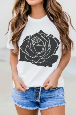 Fashion Dear-Lover Large Rose Print Round Neck T Shirt White