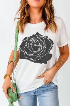 Fashion Dear-Lover Large Rose Print Round Neck T Shirt White
