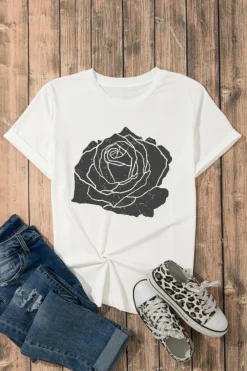 Fashion Dear-Lover Large Rose Print Round Neck T Shirt White