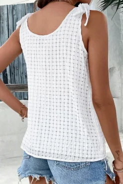 Sale Dear-Lover Lattice Texture Bowknot Shoulder V Neck Tank Top White