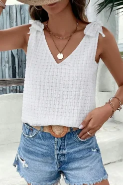 Sale Dear-Lover Lattice Texture Bowknot Shoulder V Neck Tank Top White