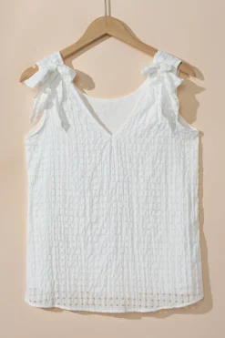 Sale Dear-Lover Lattice Texture Bowknot Shoulder V Neck Tank Top White