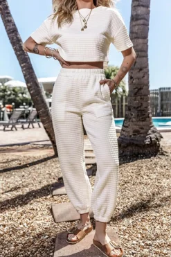 Outlet Dear-Lover Lattice Textured Cropped Tee and Jogger Pants Set White