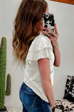 New Dear-Lover Layered Ruffle Short Sleeve Round Neck Top White