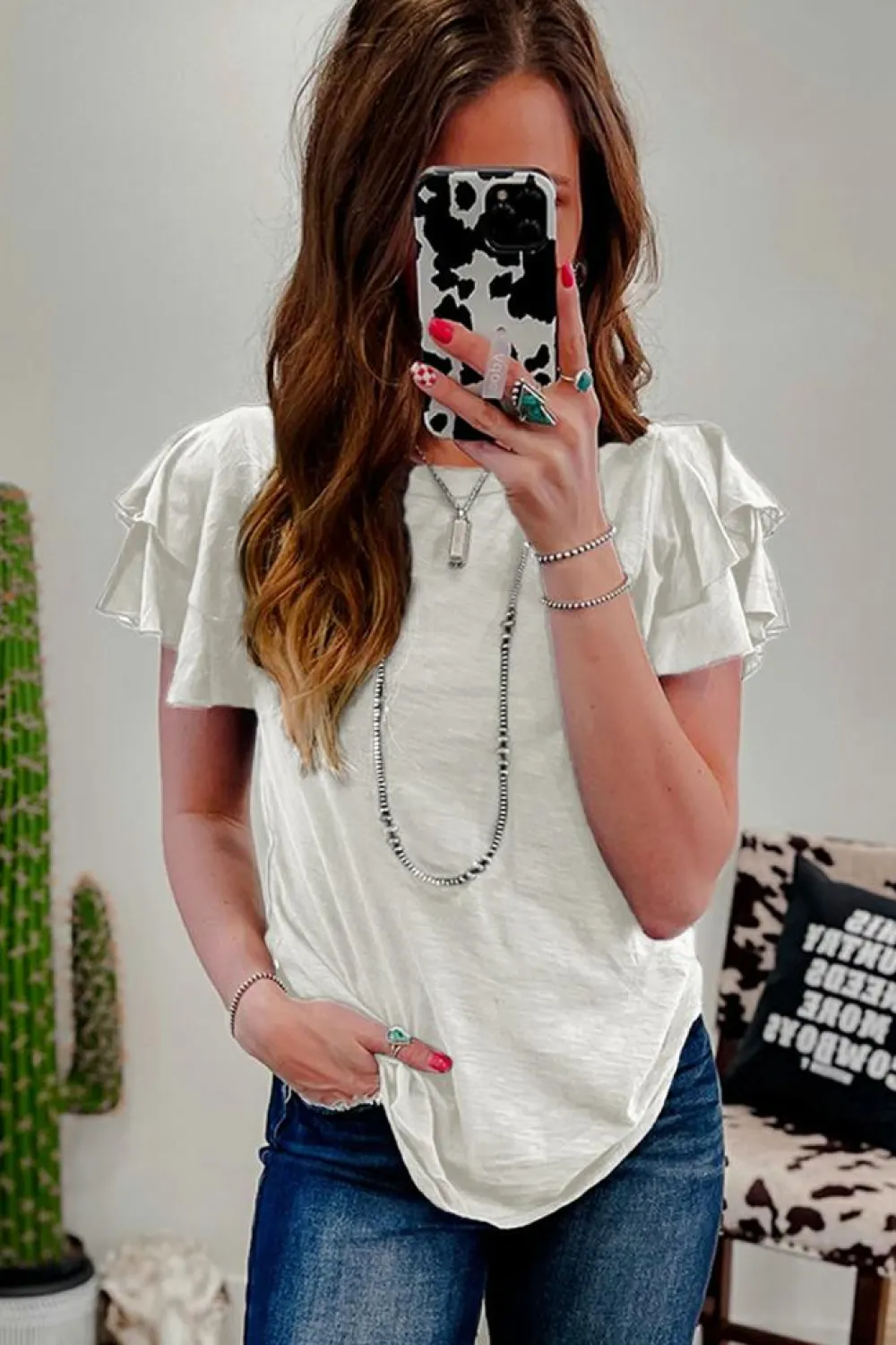 New Dear-Lover Layered Ruffle Short Sleeve Round Neck Top White