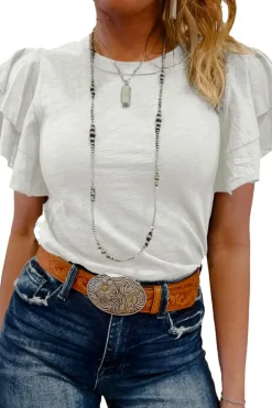 New Dear-Lover Layered Ruffle Short Sleeve Round Neck Top White