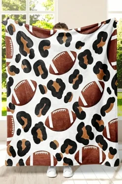 Sale Dear-Lover Leopard & Rugby Football Print Flannel Blanket White