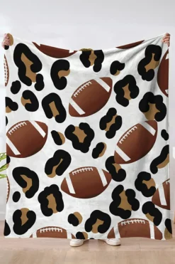Sale Dear-Lover Leopard & Rugby Football Print Flannel Blanket White