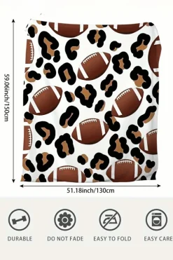 Sale Dear-Lover Leopard & Rugby Football Print Flannel Blanket White