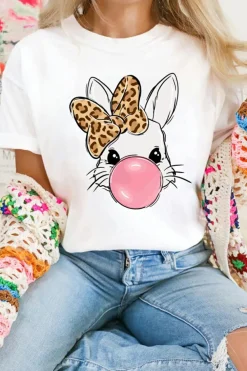 Sale Dear-Lover Leopard Bow Bubble Rabbit Graphic Tee White