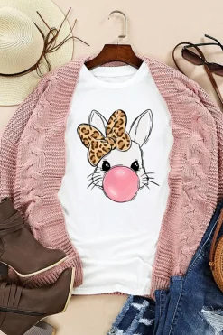 Sale Dear-Lover Leopard Bow Bubble Rabbit Graphic Tee White