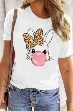 Sale Dear-Lover Leopard Bow Bubble Rabbit Graphic Tee White