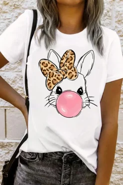 Sale Dear-Lover Leopard Bow Bubble Rabbit Graphic Tee White