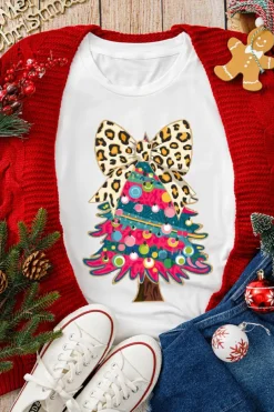 Best Dear-Lover Leopard Bow Décor Christmas Tree Graphic Crew Neck Tee White