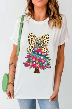 Best Dear-Lover Leopard Bow Décor Christmas Tree Graphic Crew Neck Tee White