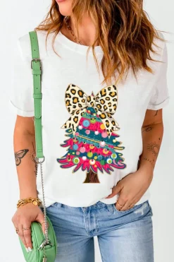 Best Dear-Lover Leopard Bow Décor Christmas Tree Graphic Crew Neck Tee White