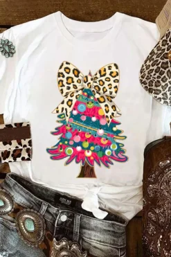 Best Dear-Lover Leopard Bow Décor Christmas Tree Graphic Crew Neck Tee White