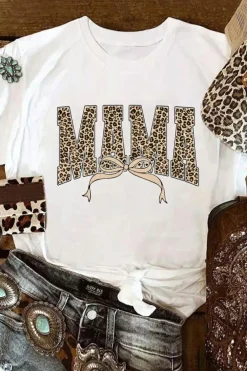 Fashion Dear-Lover Leopard Bow MAMA Graphic Crew Neck T Shirt White