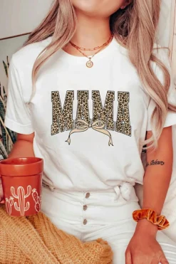 Fashion Dear-Lover Leopard Bow MAMA Graphic Crew Neck T Shirt White